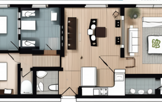 A creative and detailed floor plan with various elements of interior design such as furniture