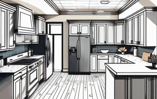 A kitchen layout plan with various elements like cabinets