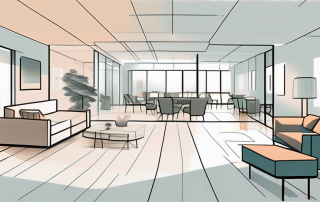 An open floor plan with various room divisions