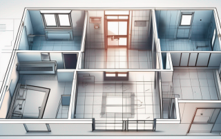 A blueprint of a house layout featuring various safety elements like fire exits
