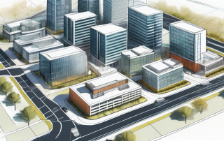 Moderne Stadtplanung mit detaillierten Architekturmodellen und Schemata fuer effektive staedtische Entwicklung, zeigt Wohn-, Gewerbe- und oeffentliche Bereiche.