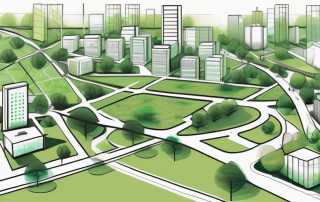 A cityscape with various zones marked out for different uses such as parks