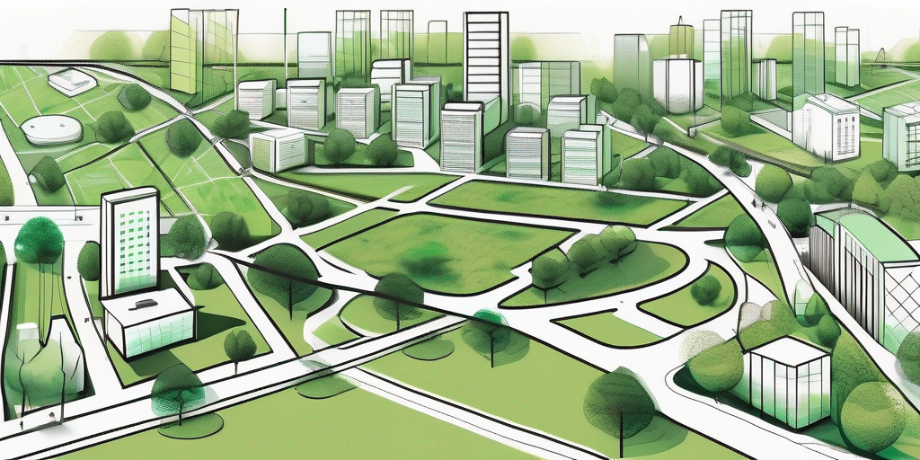 A cityscape with various zones marked out for different uses such as parks