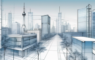 Architektonische Blaupausen und Modellgebaeude mit Werkzeugen fuer Stadtplanung vor einer Stadtsilhouette.