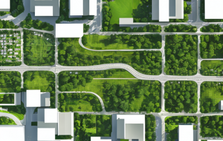 Luftaufnahme einer urbanen Zone mit Gruenflaechen, Wohngebieten und Gewerbegebieten, optimierte Landnutzung.