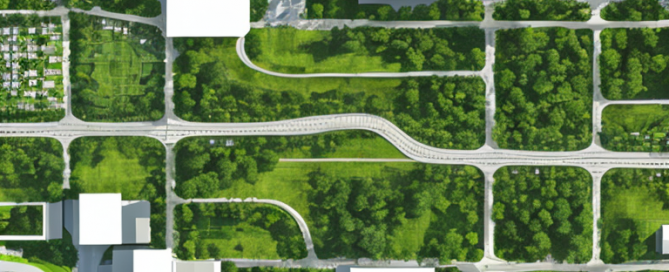 Luftaufnahme einer urbanen Zone mit Gruenflaechen, Wohngebieten und Gewerbegebieten, optimierte Landnutzung.
