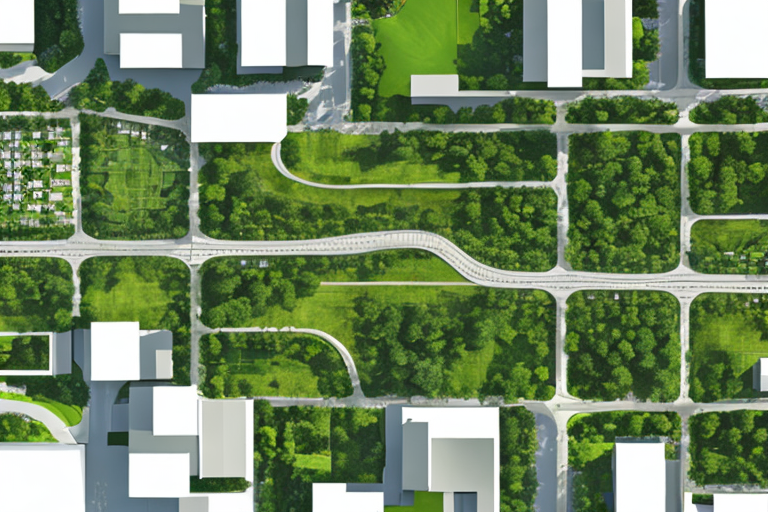 Luftaufnahme einer urbanen Zone mit Gruenflaechen, Wohngebieten und Gewerbegebieten, optimierte Landnutzung.