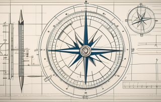 A blueprint with various architectural tools like a ruler