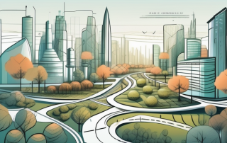A futuristic cityscape with various zones marked for different uses like parks