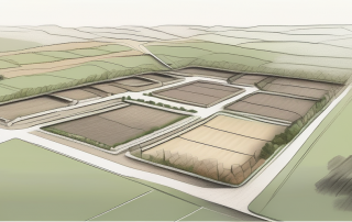 Drohnenaufnahme leerer Grundstuecke in einem Entwicklungsgebiet, unterschiedliche Planungsphasen, strategische Ueberlegungen beim Grundstueckskauf.