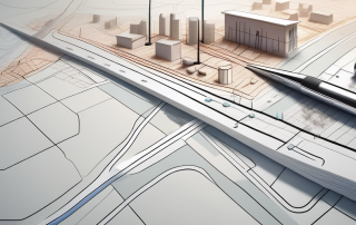 A city planning map spread out on a table with various architectural tools