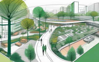 A diverse landscape transitioning from a blueprint design into a vibrant