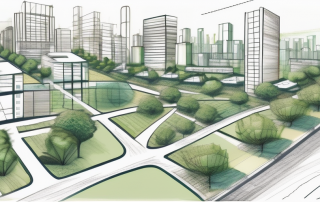 A cityscape with various zones marked out