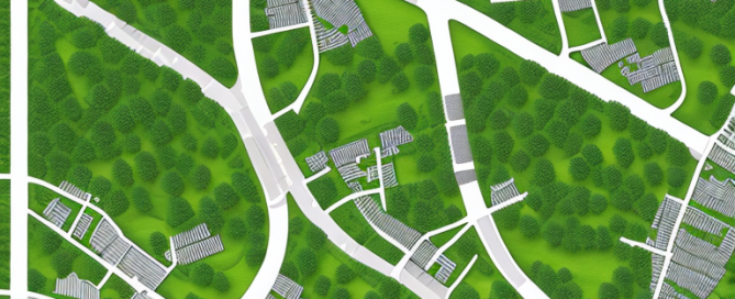 Urbanes Planungsmodell mit geordneten Parzellen, Gruenflaechen und Infrastruktur, strategische Entwicklung und optimale Landnutzung.