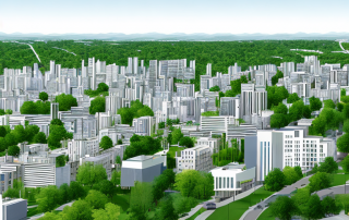 Stadtlandschaft mit gruenen Flaechen, urbaner Infrastruktur und systematischem Zonierungsplan, nachhaltige Stadtentwicklung