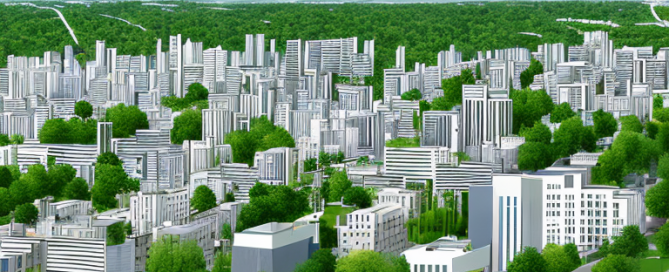 Stadtlandschaft mit gruenen Flaechen, urbaner Infrastruktur und systematischem Zonierungsplan, nachhaltige Stadtentwicklung