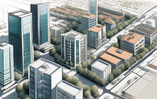 Luftaufnahme eines Stadtgebiets mit Wohn- und Geschaeftsgebaeuden, hervorhebend optimierte Stadtplanung und erfolgreiche urbane Strategien.