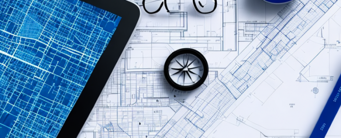 Architectural blueprints on table with ruler, compass, and tablet displaying zoning maps.