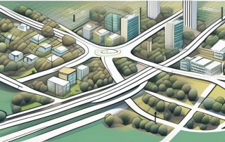 A city with various zones marked for different purposes such as residential