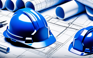 Bauplaene, Sicherheitshelme und Architekturmodelle als Symbol fuer sorgfaeltige Planung und Baugenehmigungen