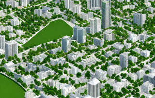Luftaufnahme zeigt detailliertes Stadtplanungslayout mit Zonen, Gruenflaechen und Infrastruktur.
