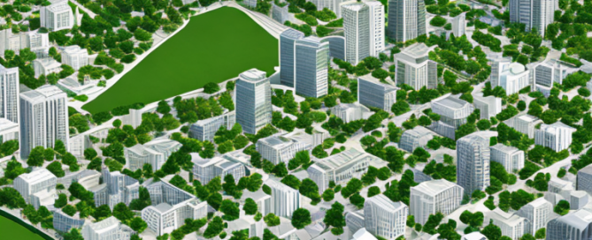 Luftaufnahme zeigt detailliertes Stadtplanungslayout mit Zonen, Gruenflaechen und Infrastruktur.