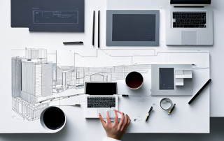 moderner architekturplan mit werkzeugen und laptop mit 3D-modell auf einem tisch