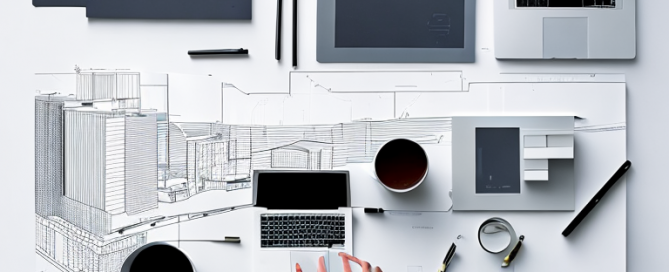 moderner architekturplan mit werkzeugen und laptop mit 3D-modell auf einem tisch