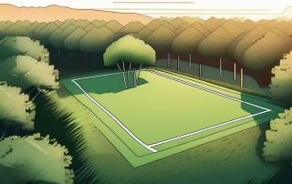 Luftaufnahme eines leeren Grundstuecks umgeben von gruenen Baeumen im sanften Licht des Sonnenuntergangs, zeigt Potenzial fuer Architektur und Design.