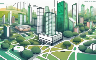 A cityscape with various zones marked out in different colors