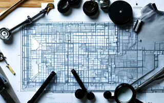 Architektonischer Bauplan auf Tisch mit Messwerkzeugen und Lupe, symbolisiert die Komplexitaet des Stadtplanungsprozesses.