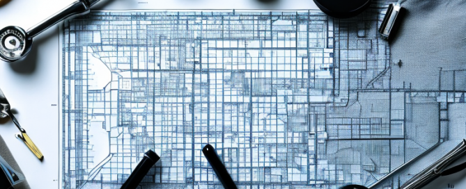 Architektonischer Bauplan auf Tisch mit Messwerkzeugen und Lupe, symbolisiert die Komplexitaet des Stadtplanungsprozesses.