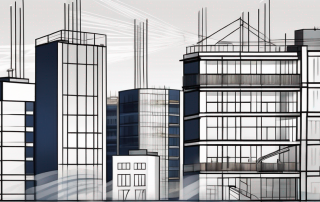 A cityscape with various buildings under construction