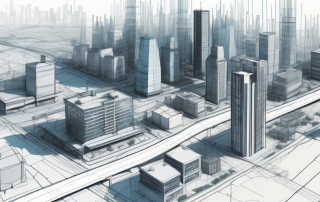Moderne Stadtlandschaft mit Baustellen, Schwerpunkt auf Stadtentwicklung und Planungsherausforderungen, Architekturmodelle und Stadtplaene auf einem Tisch, Fokus auf Interaktion und Strategie in Layout und Design.