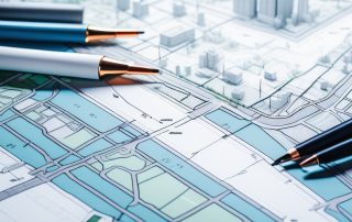 Stadtplanungswerkzeuge wie Bauplaene, Architekturmaßstaebe und Zonenkarten auf einem Arbeitstisch, mit Modellen von Stadtlandschaften und oekologischen Untersuchungskarten im Hintergrund.