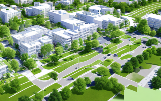 Klarer Bauplan eines Wohnprojekts mit detaillierten Parzellen, Gruenflaechen und Strassen, moderne Stadtlandschaft im Hintergrund.