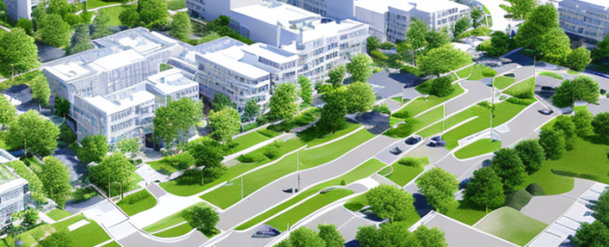 Klarer Bauplan eines Wohnprojekts mit detaillierten Parzellen, Gruenflaechen und Strassen, moderne Stadtlandschaft im Hintergrund.