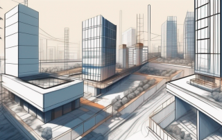 A cityscape with various buildings under construction