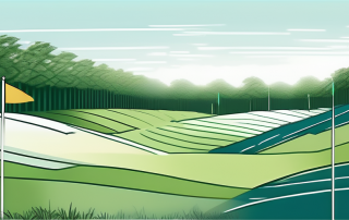 Grundstueck mit Markierungsflaggen fuer Bauvorhaben unter klarem blauem Himmel mit gruenem Hintergrund als kosteneffektive Investitionsmoeglichkeit.