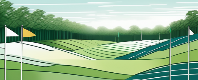 Grundstueck mit Markierungsflaggen fuer Bauvorhaben unter klarem blauem Himmel mit gruenem Hintergrund als kosteneffektive Investitionsmoeglichkeit.