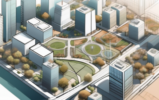 A cityscape viewed from above