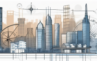 A city skyline with various types of buildings