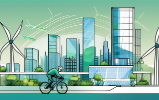 A cityscape with various sustainable elements like solar panels