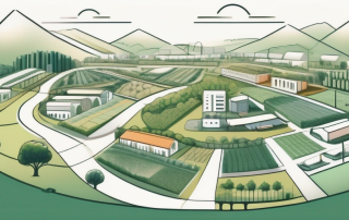 A diverse landscape with different areas marked for various uses such as agriculture