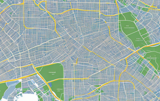 Stadtplanung Karte mit markierten Wohn-, Gewerbe- und Erholungsgebieten und Zeichenwerkzeugen.