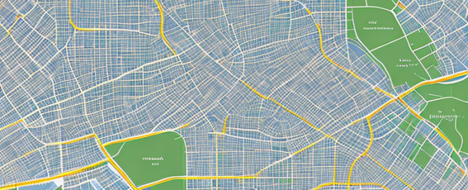 Stadtplanung Karte mit markierten Wohn-, Gewerbe- und Erholungsgebieten und Zeichenwerkzeugen.