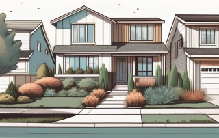 A suburban neighborhood with closely built houses showcasing different styles of border plantings