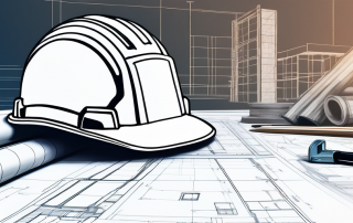 Architektonischer Bauplan auf Tisch mit Bauwerkzeugen und Sicherheitshelmen, zeigt detaillierte Planungsphase eines Bauprojekts.