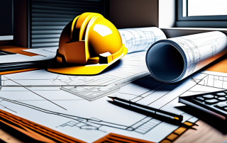 Architekturblaupausen und Planungsdokumente auf einem Arbeitstisch mit Gebaeudemodellen und Werkzeugen wie Linealen und Stiften, Thema Bauplanung und Genehmigungsoptimierung.