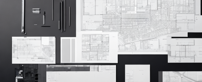 Architektonischer Plan mit Vermessungswerkzeugen und modernem Gebaeude im Hintergrund, Fokus auf Standortanalyse und Planungsphasen.